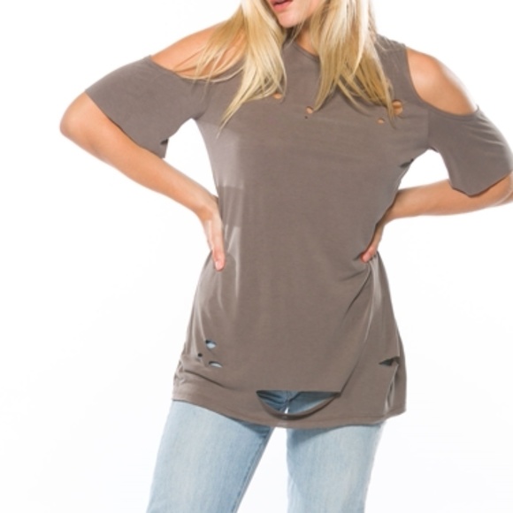 COLD SHOULDER DISTRESSED LIGHT BROWN TEE - Picture 3 of 6